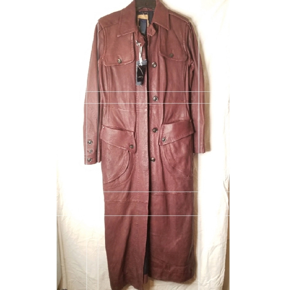 Union Brown Leather Trench 51" Coat S